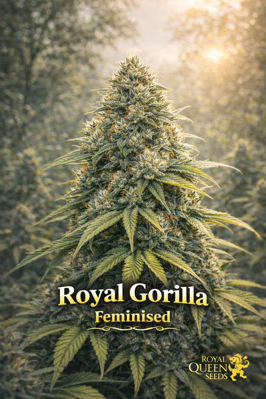 Royal Gorilla Feminised cannabis plant with dense frosty buds in warm sunlight, set against a soft forest background with strain name and Royal Queen Seeds logo.