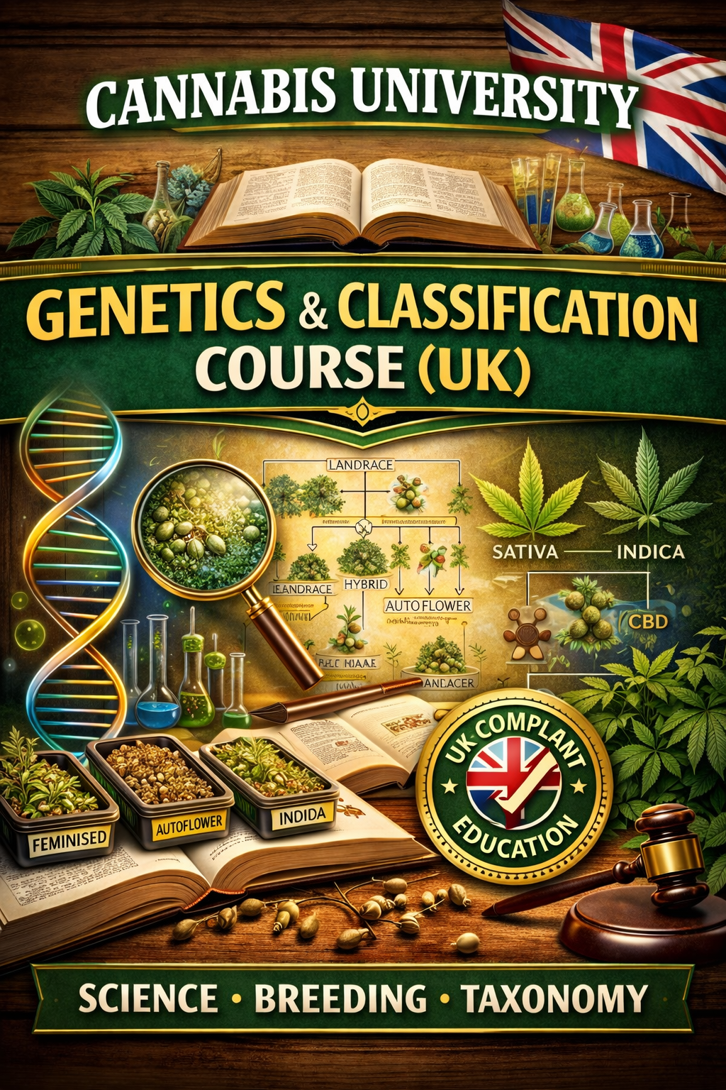 High-definition promotional image for Cannabis University Genetics and Classification Course (UK), featuring cannabis plant genetics, DNA helix visuals, laboratory research elements and a UK-compliant academic education badge.