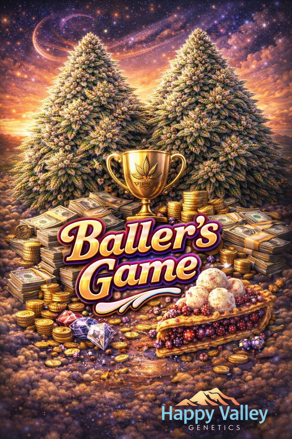 Hyper-realistic promotional artwork for Baller’s Game Feminised Seeds by Happy Valley Genetics, featuring two dense frosty cannabis plants in front of a glowing cosmic sunset, surrounded by stacks of cash, gold coins, gemstones, a gold trophy with a cannabis-leaf emblem, bold strain text, and the Happy Valley Genetics logo at the bottom.