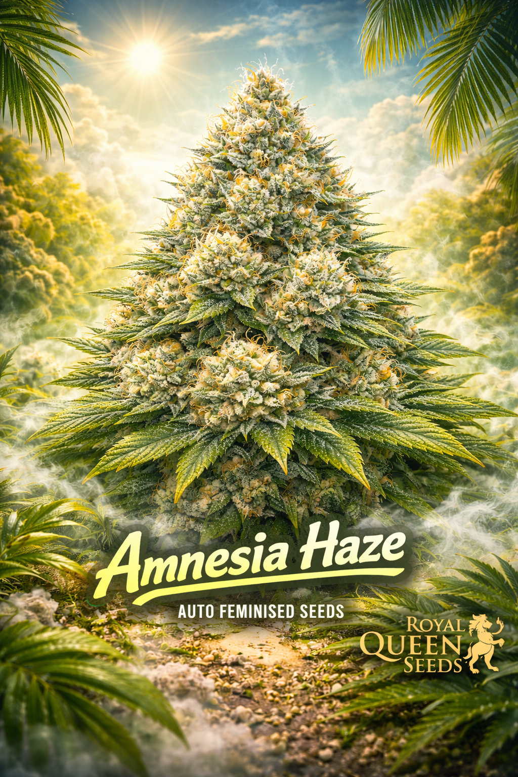 Amnesia Haze Auto Feminised Seeds – Royal Queen Seeds — hyper-realistic cannabis plant with dense frosty buds and bright orange pistils; tropical golden sunrise background with palm leaves and soft mist; bold yellow Amnesia Haze text centred at the bottom with the Royal Queen Seeds gold lion logo; no cheese or repeated props; fully compliant artwork.
