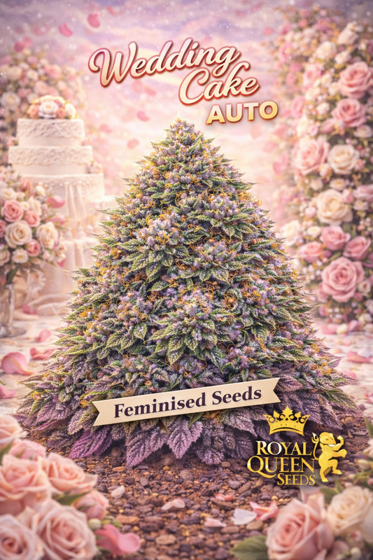 Hyper-realistic promotional artwork of “Wedding Cake Auto Feminised Seeds – Royal Queen Seeds,” featuring a dense frosty cannabis plant with pink-white trichomes, orange pistils, and layered green leaves. The background shows a soft pastel wedding-themed scene with subtle cake-like textures and warm romantic lighting. Bold “Wedding Cake Auto” text, a “Feminised Seeds” banner, and the Royal Queen Seeds lion logo appear at the bottom. No grow equipment shown.