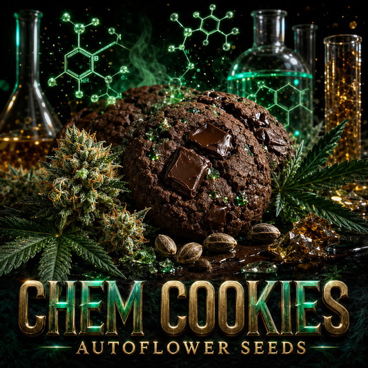 Promotional graphic for 'CHEM COOKIES' autoflower seeds, featuring a chocolate chip cookie decorated with dark chocolate chunks, cannabis buds, hemp seeds, and glowing green chemical structure graphics in the background with glass beakers.