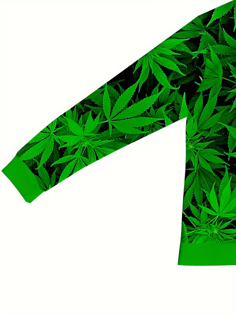 All-over green cannabis leaf tracksuit worn on the street in the UK with matching weed print joggers and sweatshirt 1