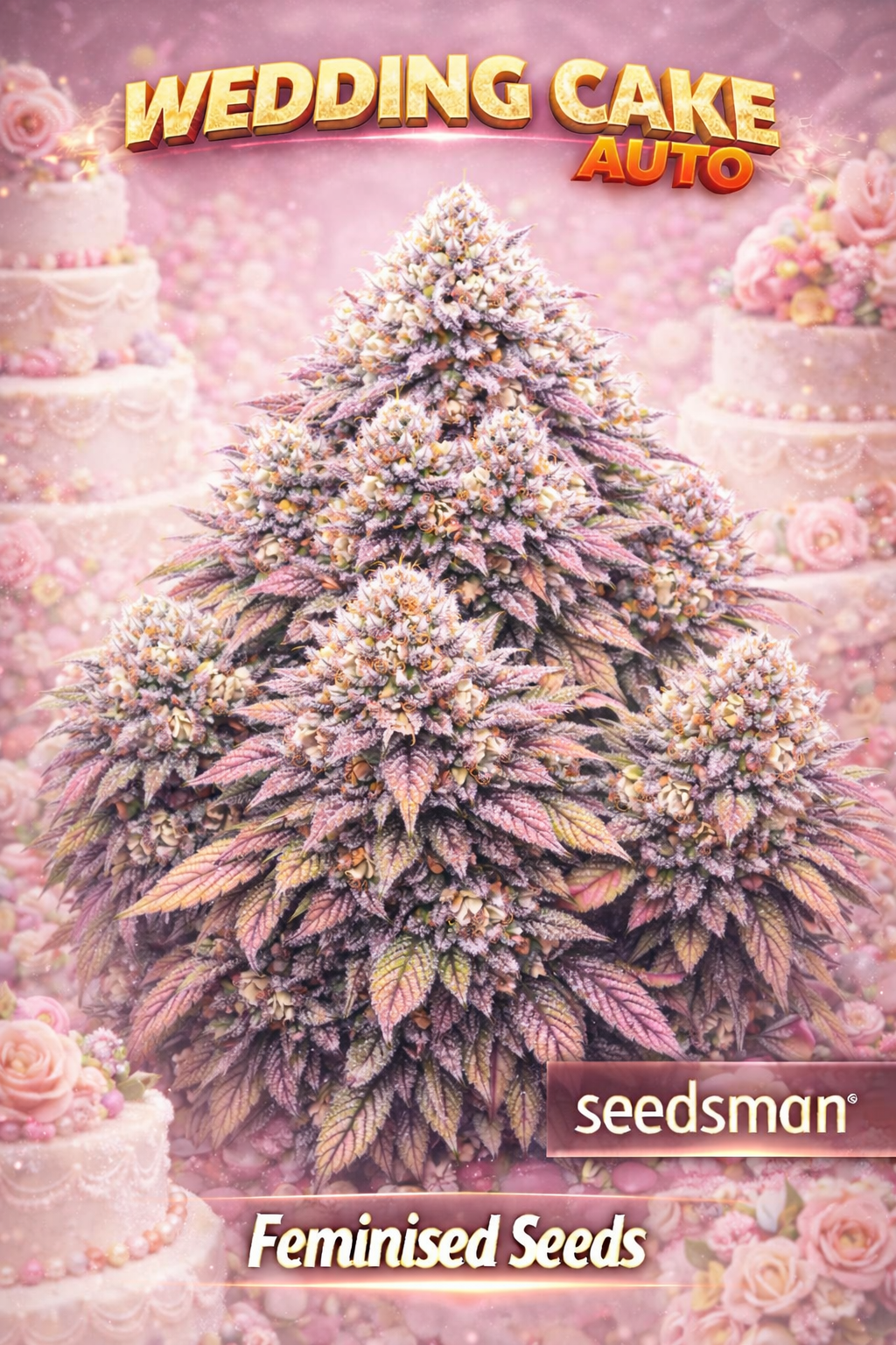 Hyper-realistic Wedding Cake Auto Feminised cannabis plant with multiple dense frosty buds on thick branching arms, creamy pink dessert-themed background, subtle cake elements, and “Wedding Cake Auto – Feminised Seeds – Seedsman” branding.