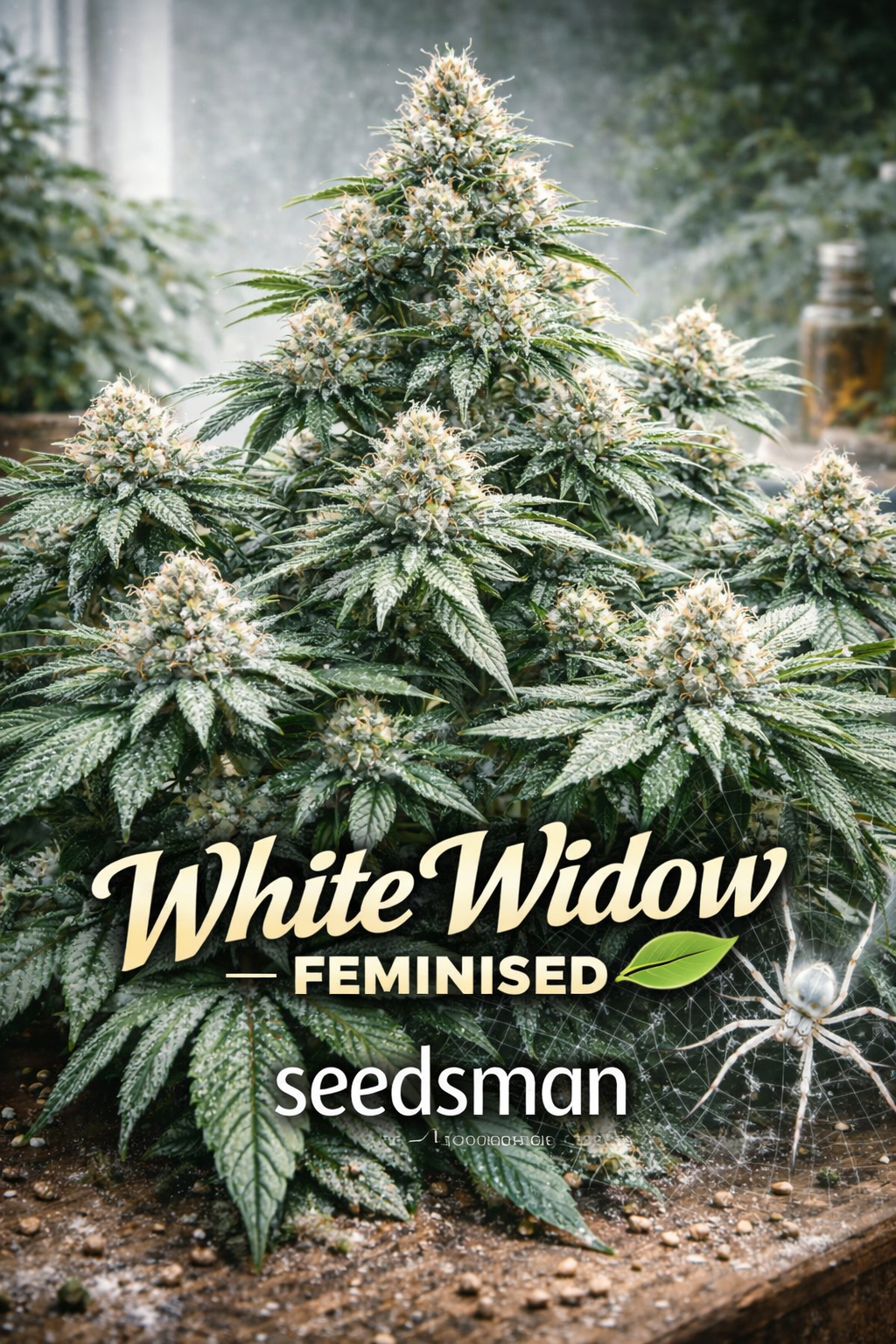 Ultra-high-definition product image of White Widow Feminised cannabis seeds by Seedsman, featuring a large, multi-branched plant with extended lateral branches, broad leaves, and multiple frosted colas, photographed straight-on in a bright studio-garden setting, with a subtle white-toned widow spider motif incorporated near the base, and the strain name and breeder logo clearly visible.