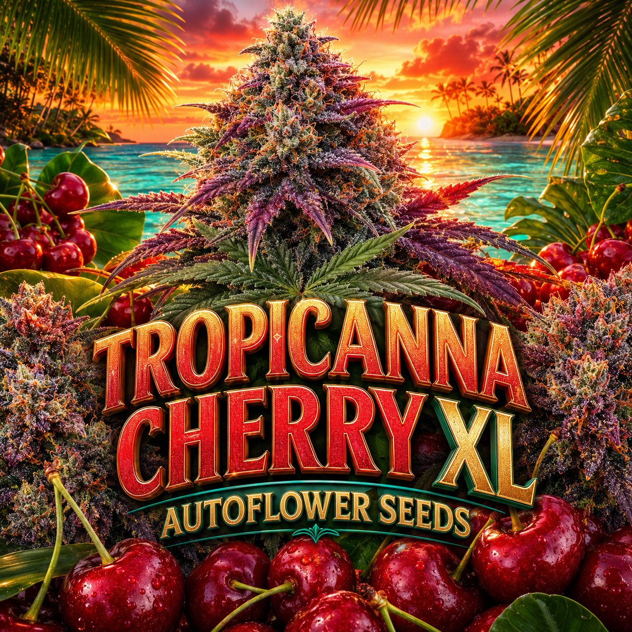 Promotional graphic for Tropicanna Cherry XL Autoflower Seeds, featuring large cannabis buds, glossy red cherries, and tropical beach scenery at sunset with palm leaves. The text 'TROPICANNA CHERRY XL' and 'AUTOFLOWER SEEDS' is prominently displayed in the center.