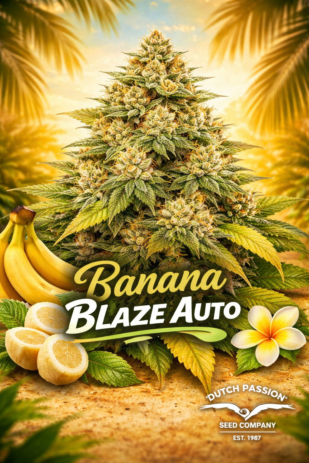 Hyper-realistic promotional artwork of Banana Blaze Auto cannabis plant with dense frosty buds in green and yellow hues, set against a warm tropical background with palm silhouettes. Banana slices, whole bananas, and a plumeria flower appear subtly at the bottom. Bold yellow and white strain name text and the Dutch Passion logo are displayed clearly.