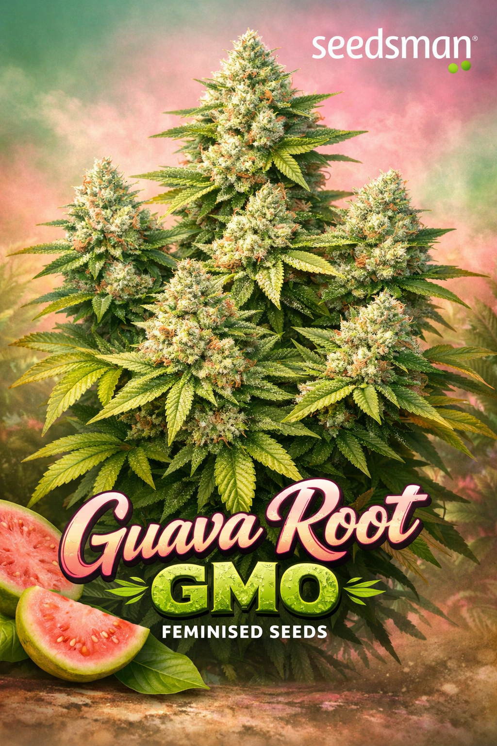 A hyper-realistic promotional artwork of the “Guava Root GMO Feminised Seeds” strain by Seedsman, featuring a large multi-cola cannabis plant with frosty resinous buds, vibrant green leaves, and subtle guava-pink highlights, set against a soft tropical haze background with the Seedsman logo in the top corner and guava slices near the bottom beside the bold strain name.