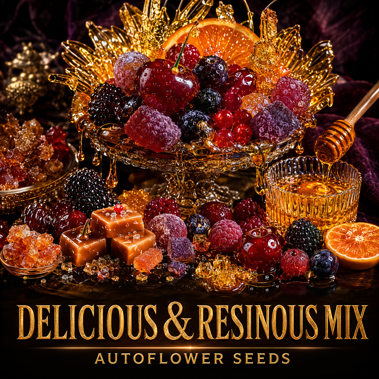 A styled product graphic for an autoflower seed mix, showing a decorative gold bowl filled with colorful fruits, sugar-coated berries, candied orange slices, amber honey, and small browned squares on a dark background. Large text at the bottom reads 'DELICIOUS & RESINOUS MIX' and 'AUTOFLOWER SEEDS'.