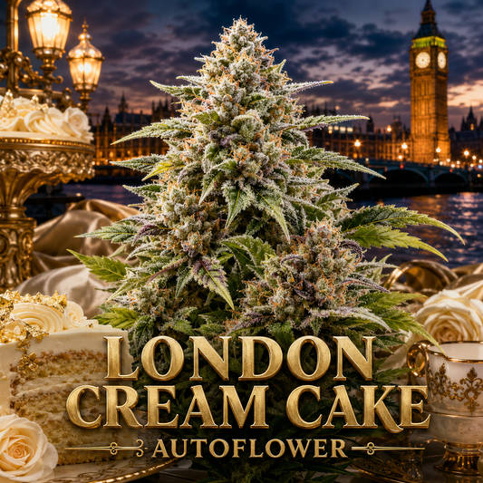 A large frosted cannabis flower bud cluster centered in front of a London night scene with Big Ben and the Thames. Gold ornate tableware, roses, and the text 'LONDON CREAM CAKE' and '3 AUTOFLOWER' are overlaid.