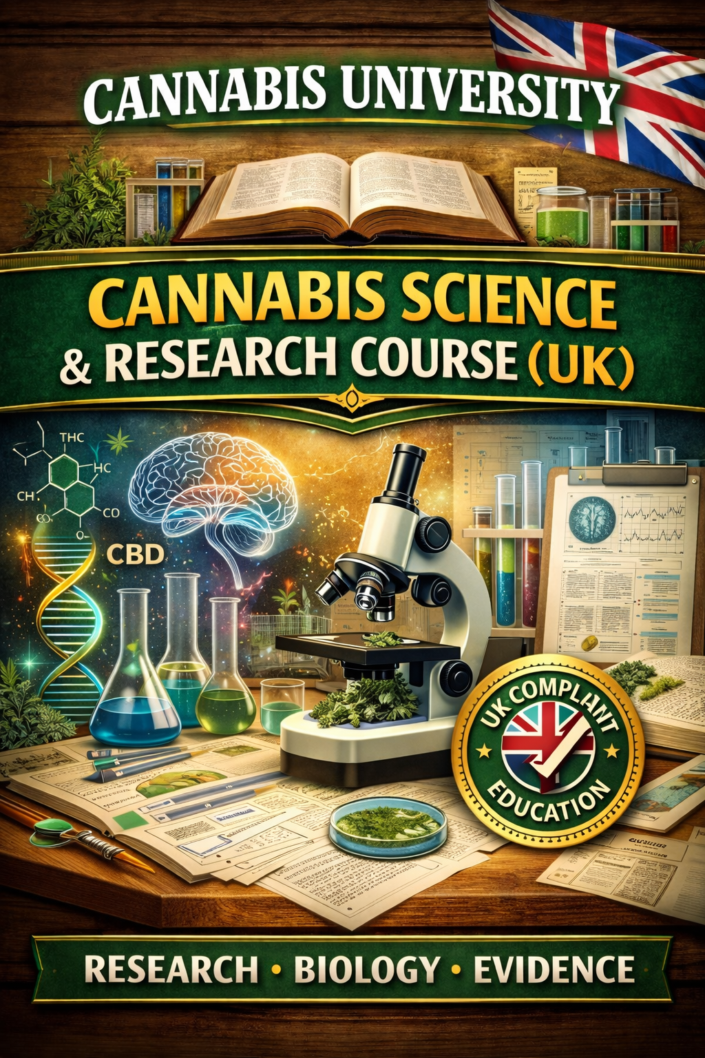 Cannabis Science & Research Course (UK) visual featuring laboratory glassware, microscope, cannabis biology illustrations, molecular science graphics and a UK-compliant education seal by Cannabis University.
