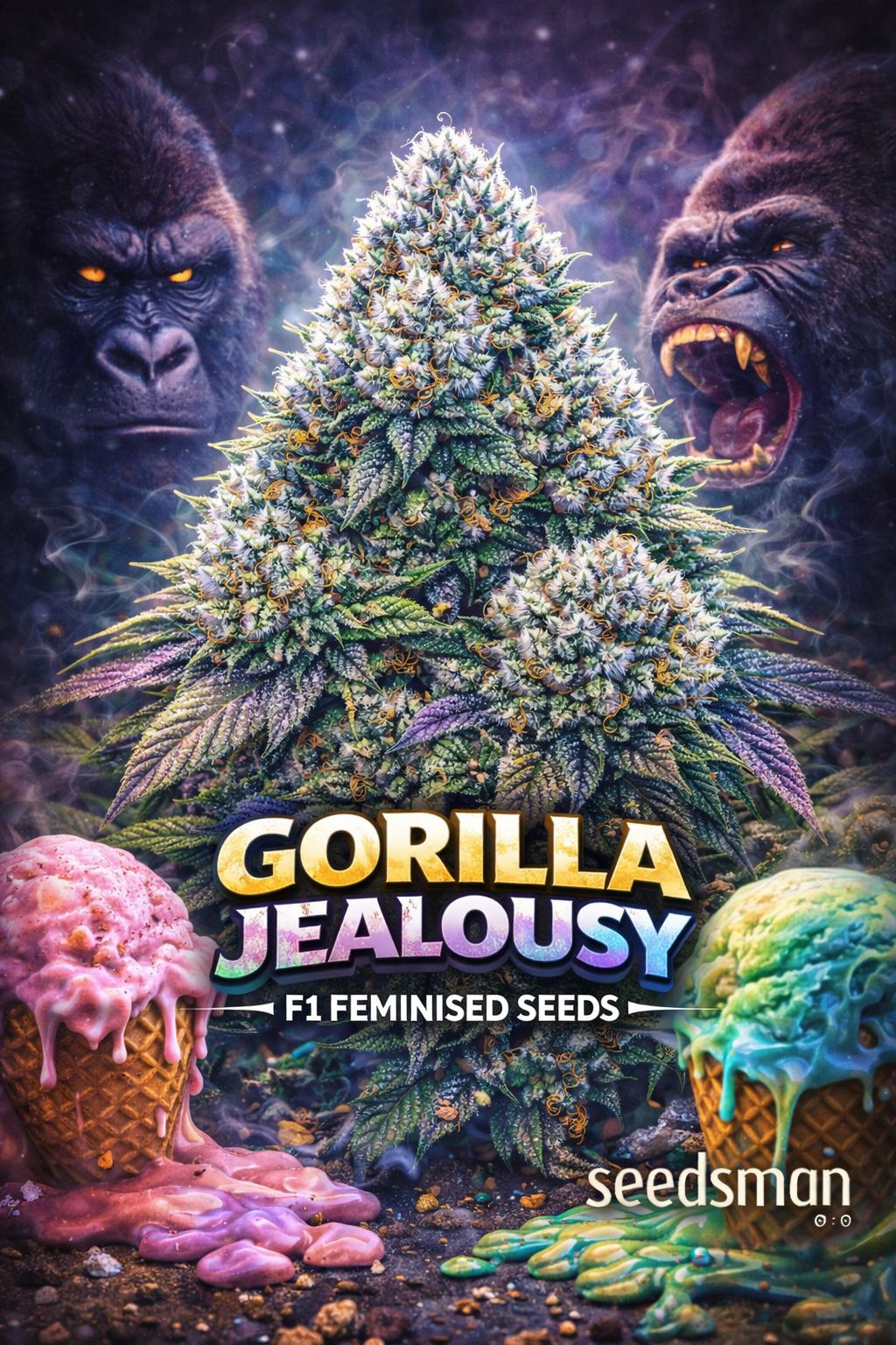 Hyper-realistic promotional image of a massive frosty Gorilla Jealousy F1 cannabis bud with dense trichomes and orange pistils, flanked by two menacing gorilla faces in a dark smoky background. Beneath the bud, melting colourful ice creams reinforce the jealousy theme. Bold “Gorilla Jealousy F1 Feminised Seeds” text appears at the bottom with the Seedsman logo.