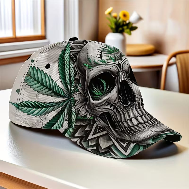 Skull and cannabis leaf geometric print adjustable baseball cap with detailed line art design