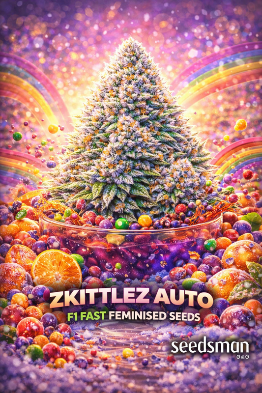 Hyper-realistic promotional image of a large frosty Zkittlez Auto cannabis bud surrounded by colourful candy pieces, rainbow arcs, and sparkling bokeh lights. Bright purples, oranges, and greens dominate the scene, with citrus slices and glossy candy textures enhancing the vibrant theme. Bold “Zkittlez Auto Feminised Seeds” text appears at the bottom with the Seedsman logo.