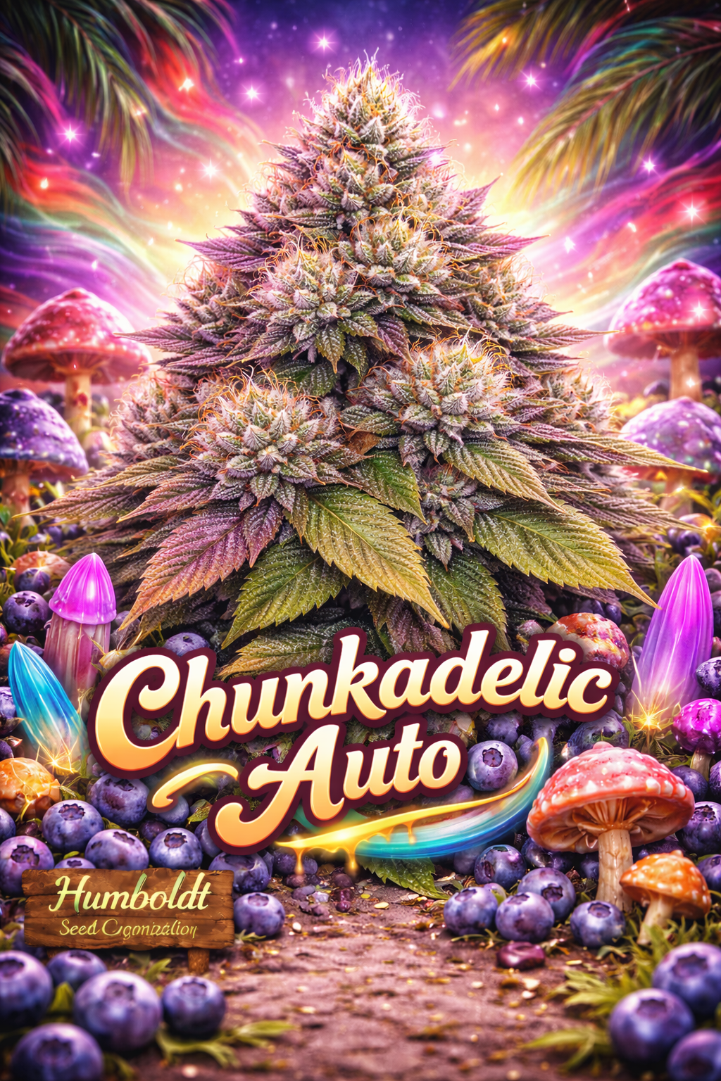 Hyper-realistic Chunkadelic Auto Feminised Seeds artwork by Humboldt Seed Company, featuring a dense frosty cannabis plant with purple-green tones, psychedelic glowing mushroom elements, colourful trippy background swirls, blueberries, and bold multicoloured strain name typography.