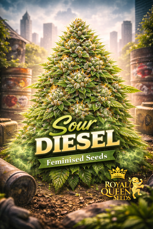 Hyper-realistic promotional artwork of “Sour Diesel Feminised Seeds – Royal Queen Seeds,” featuring a dense, frosty green cannabis plant with orange pistils and heavy trichomes. The background shows an urban cityscape with graffiti-covered barrels as subtle diesel-themed cues. Bold neon-green and gold “Sour Diesel” text, a “Feminised Seeds” banner, and the Royal Queen Seeds lion logo are included. No grow equipment shown.