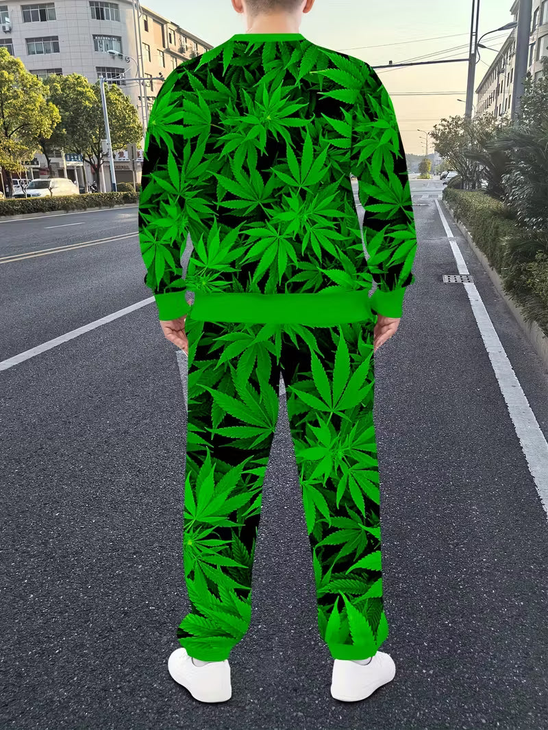 All-over green cannabis leaf tracksuit worn on the street in the UK with matching weed print joggers and sweatshirt 1