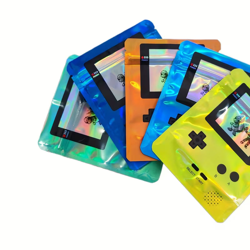 Game console-style reusable mylar zipper seed storage bags with mixed retro designs, 100-pack