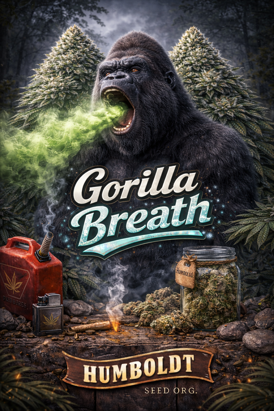Hyper-realistic promotional artwork for Gorilla Breath Feminised Seeds by Humboldt Seed Org., showing a roaring gorilla exhaling a thick green mist, flanked by two large frosty green cannabis plants with dense buds and abundant fan leaves, set in a dark forest backdrop with fuel cans, a smoking blunt, a jar of Humboldt buds, bold strain text, and the Humboldt Seed Org. logo.