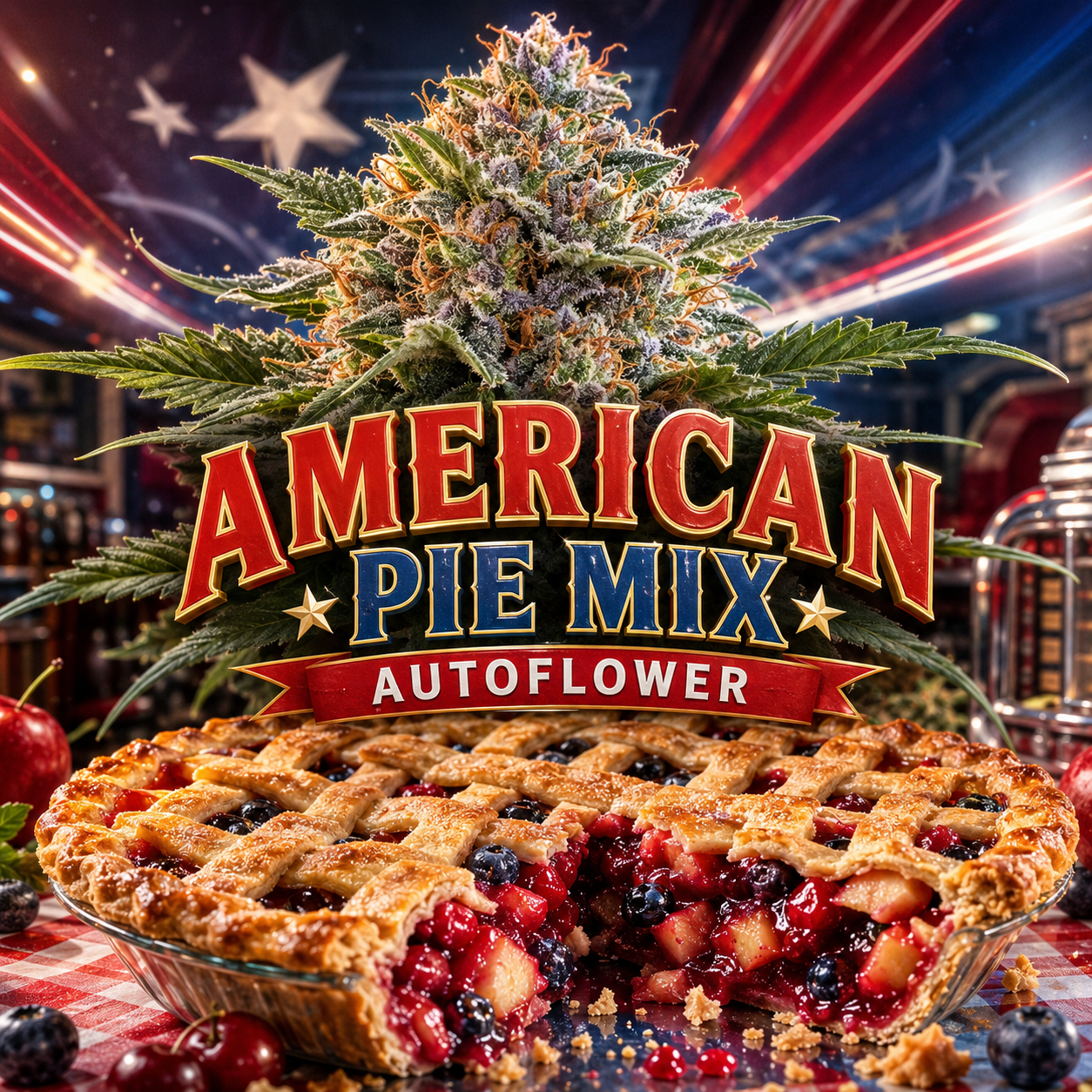 A large cannabis flower sits above a berry pie with the text 'AMERICAN PIE MIX AUTOFLOWER' in bold red and blue lettering. The scene is styled with patriotic red, white, and blue lighting and stars in the background.