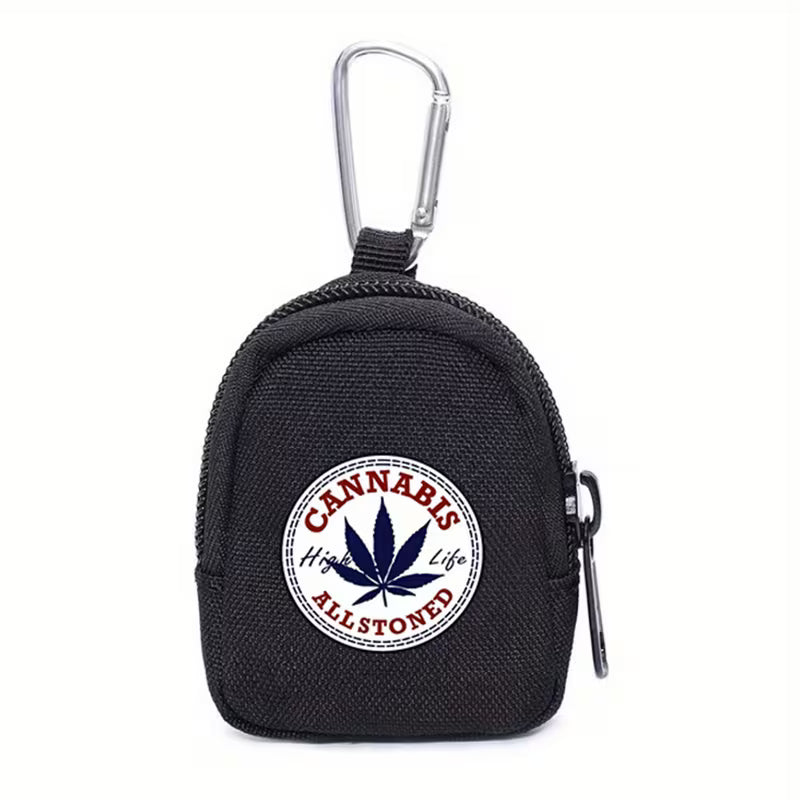 Black cannabis leaf ALLSTONED zip pouch with carabiner clip for coins and keys