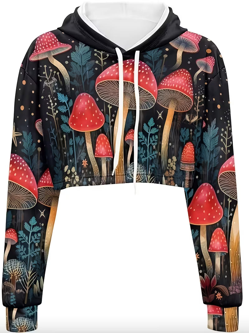 pic 4 Psychedelic mushroom cropped hoodie with red toadstool forest festival design