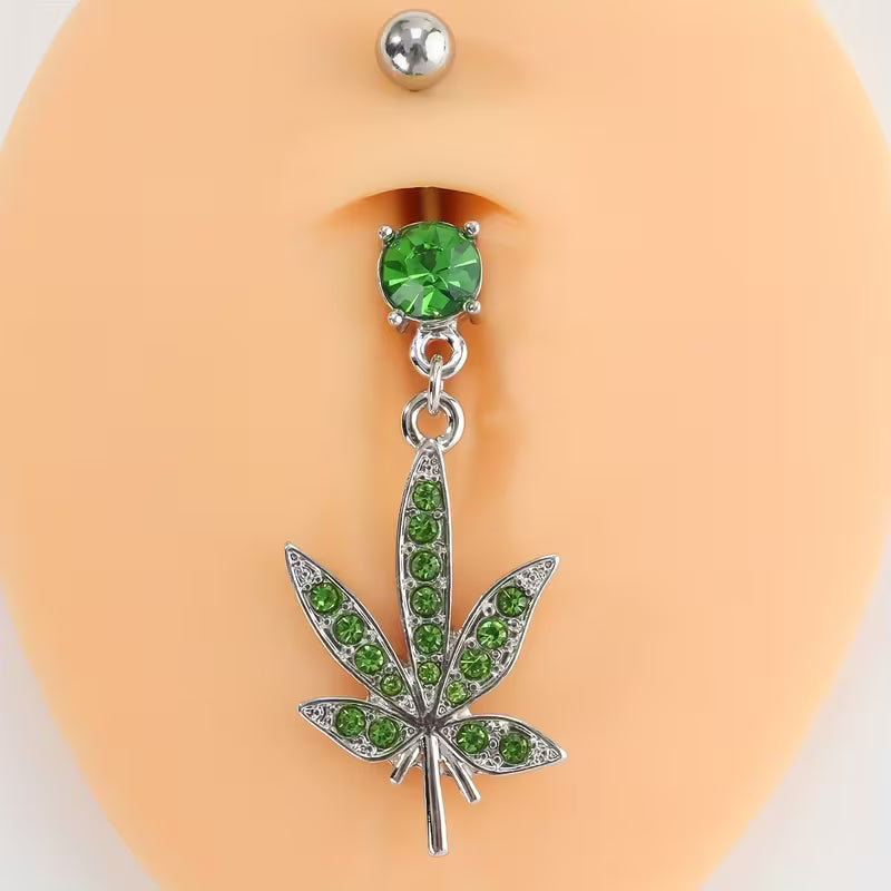 Green crystal cannabis leaf belly button ring with silver-tone barbell and dangling leaf pendant