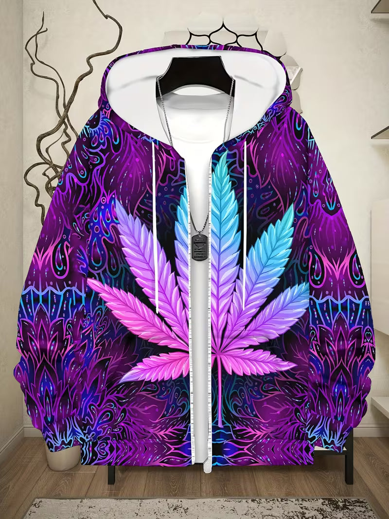  4 Psychedelic purple and blue cannabis leaf zip hoodie with neon abstract pattern 