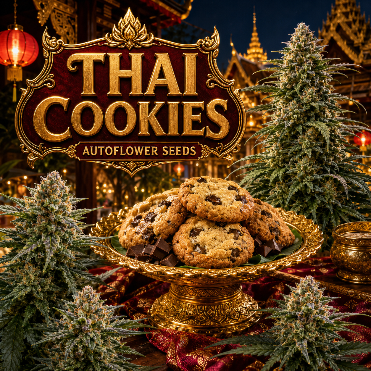 Promotional graphic for 'Thai Cookies Autoflower Seeds' featuring golden-brown chocolate chip cookies on an ornate gold pedestal, surrounded by frosty cannabis buds, festive red lanterns, and Thai temple architecture under a dark night sky.