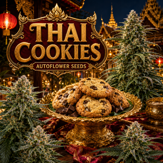 Promotional graphic for 'Thai Cookies Autoflower Seeds' featuring golden-brown chocolate chip cookies on an ornate gold pedestal, surrounded by frosty cannabis buds, festive red lanterns, and Thai temple architecture under a dark night sky.