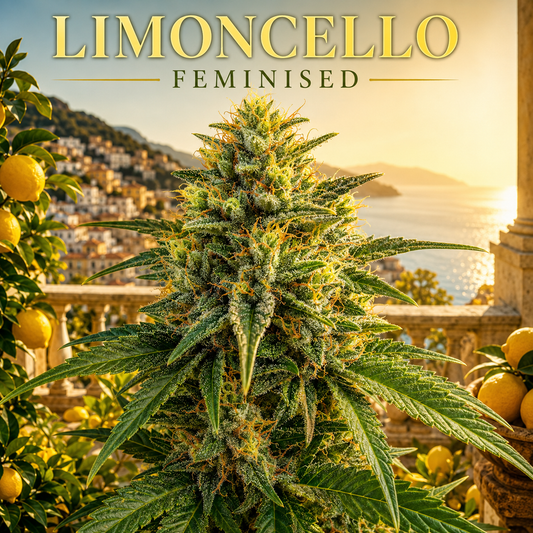 A large, detailed cannabis plant in the foreground with green and yellow tones, set against a scenic Mediterranean coastal background at sunset with lemon trees and the text 'LIMONCELLO FEMINISED' at the top.