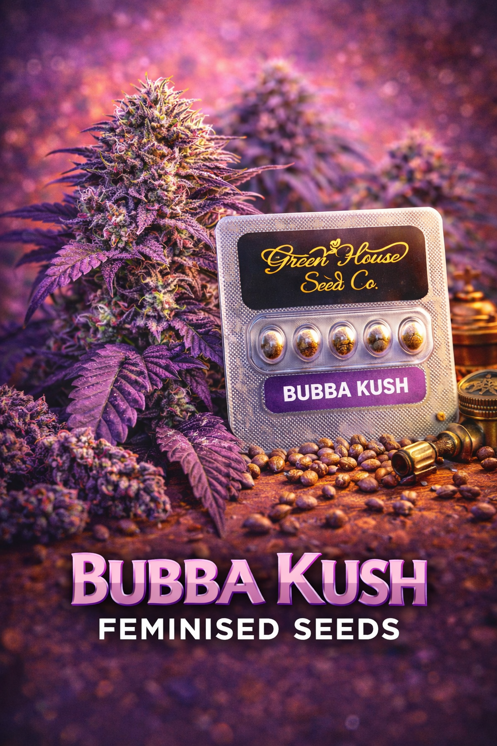 Portrait image of Bubba Kush feminised cannabis seeds by Green House Seed Co. featuring purple Kush-style plants, seed packaging, scattered seeds, and rich purple-toned visuals with centred product text at the bottom