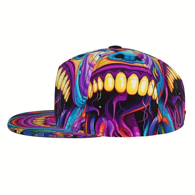 Bold graffiti-style snapback cap featuring abstract monster mouth artwork in neon purple, blue and orange tones.