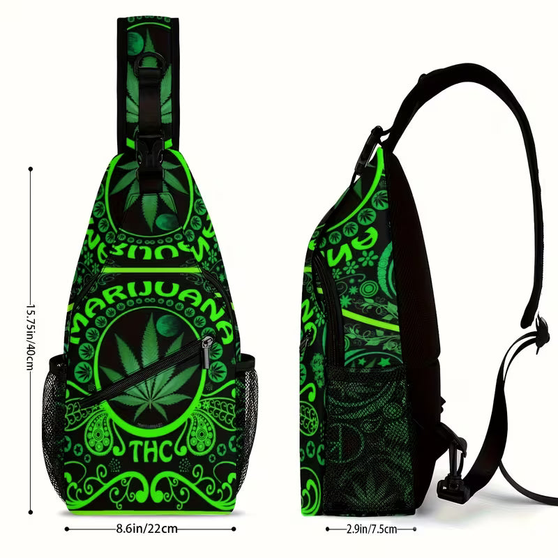 Sling bag with green marijuana leaf design and text on a white background