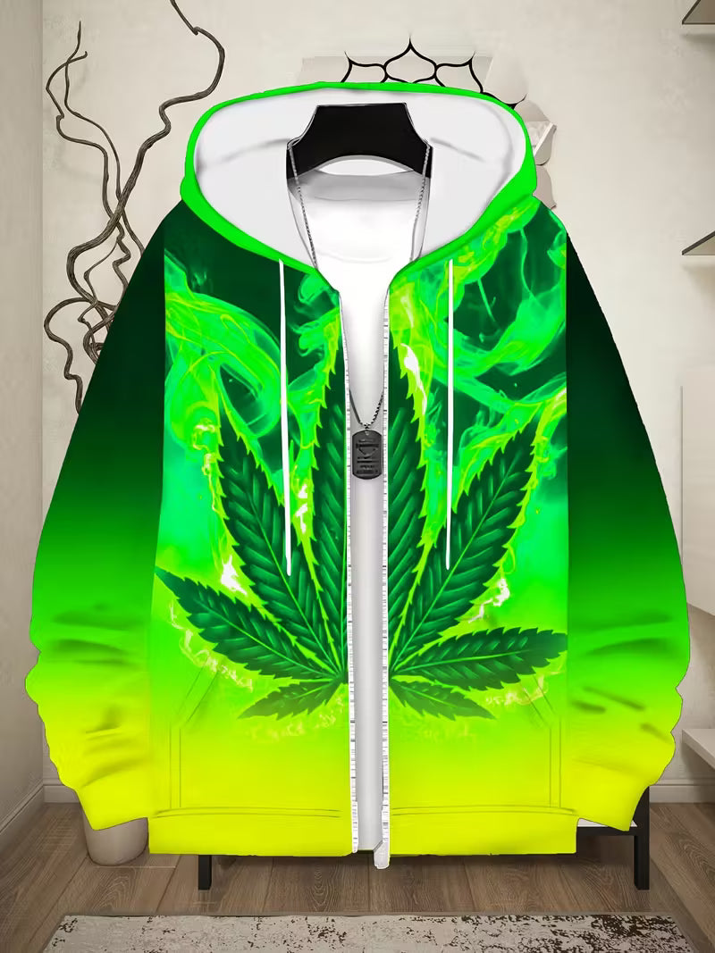 5 Bright green cannabis leaf zip hoodie with bold gradient streetwear design