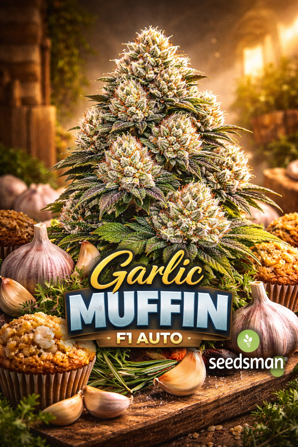 garlic muffin f1 auto feminised seeds by seedsman hyper realistic cannabis plant with dense frosty buds rustic kitchen themed background garlic bulbs and muffins subtle props bold strain name and seedsman logo