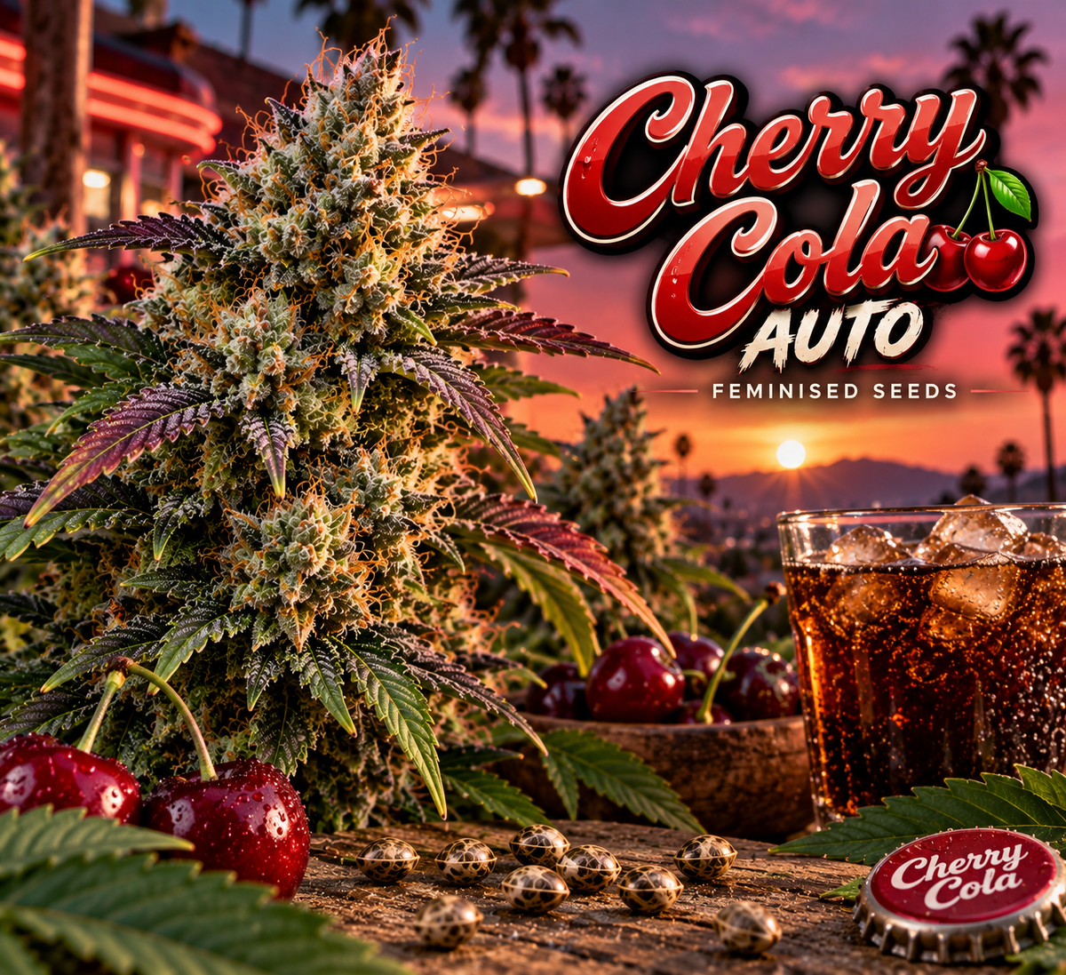 Cherry Cola Auto Feminised Seeds with frosty cannabis flowers, ripe cherries, seeds and an iced cola against a vibrant sunset backdrop.
