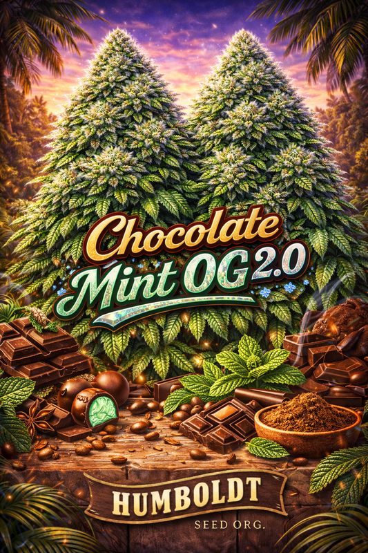 Hyper-realistic promotional artwork for Chocolate Mint OG 2.0 Feminised Seeds by Humboldt Seed Org., featuring two large frosty green cannabis plants with abundant fan leaves, set against a vivid sunset backdrop, surrounded by dark chocolate bars, mint leaves, truffles, cocoa powder, and coffee beans, with bold strain text and the Humboldt Seed Org. logo at the bottom.