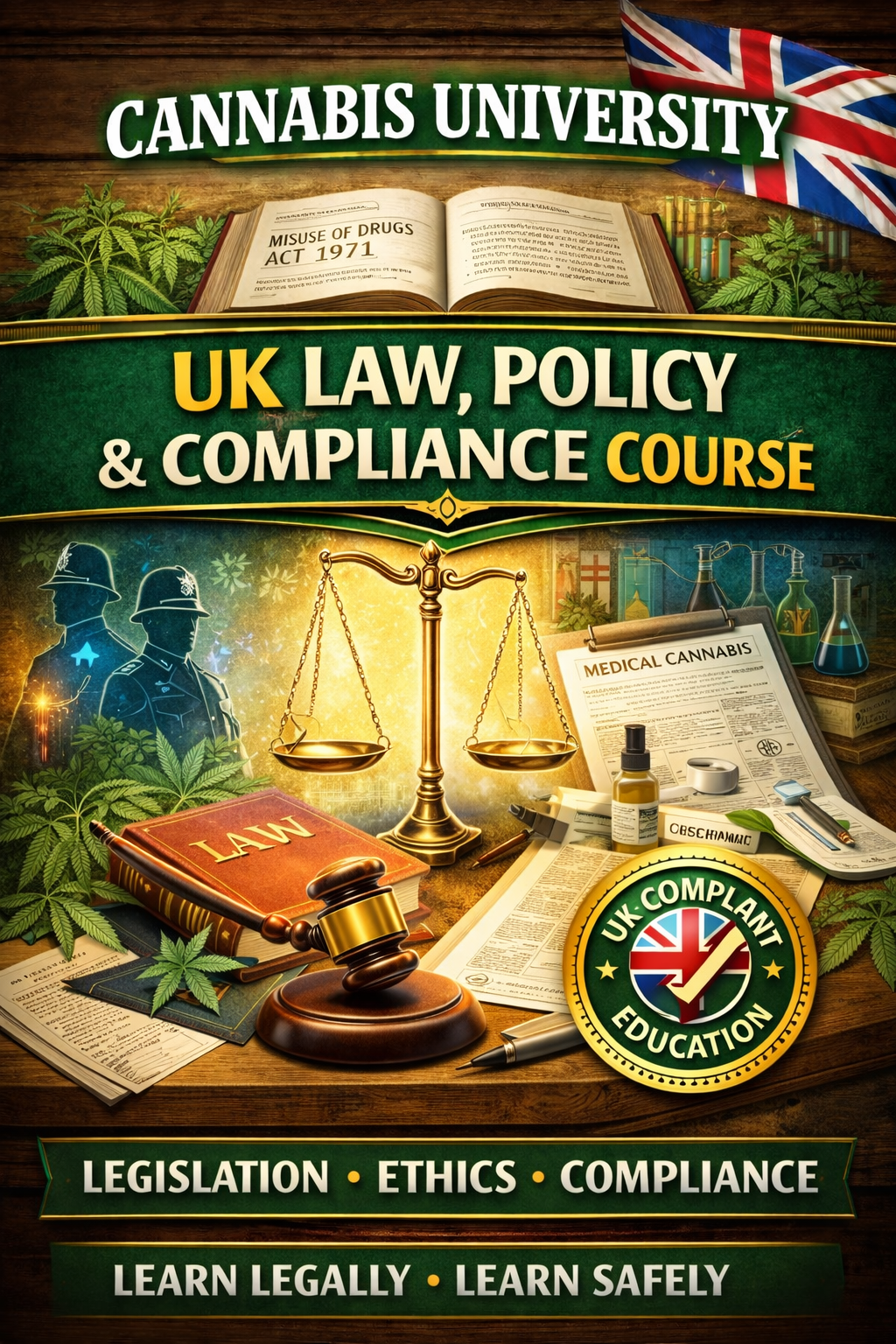 UK Law, Policy & Compliance Course by Cannabis University featuring British legal imagery, cannabis legislation references and UK-compliant academic education branding.
