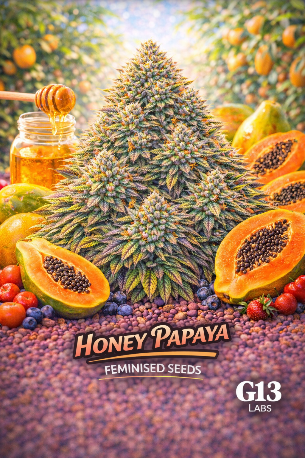 A bright, vibrant Honey Papaya cannabis plant with papaya slices, honey, and tropical fruit accents, with the strain name and G13 Labs logo visible.