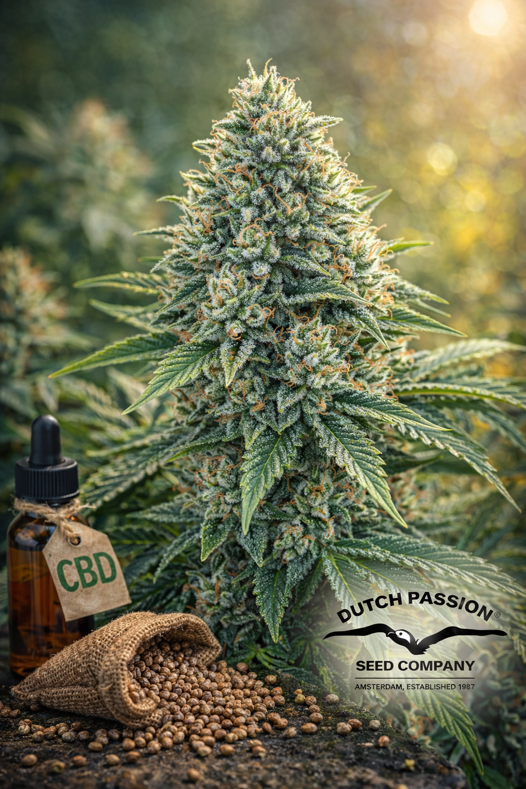 Charlotte’s Angel CBD autoflower feminised cannabis plant by Dutch Passion, shown in high detail with dense flowering structure and CBD-focused genetic reference elements, presented as a UK collectable seed image.