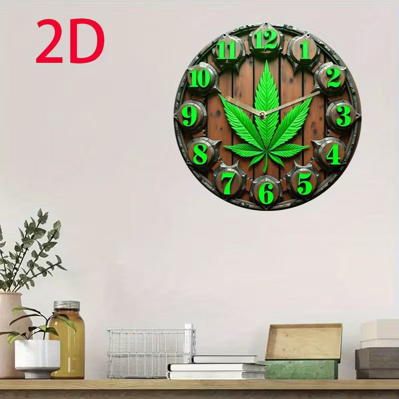 8-inch cannabis leaf design silent wall clock with flat 2D acrylic face