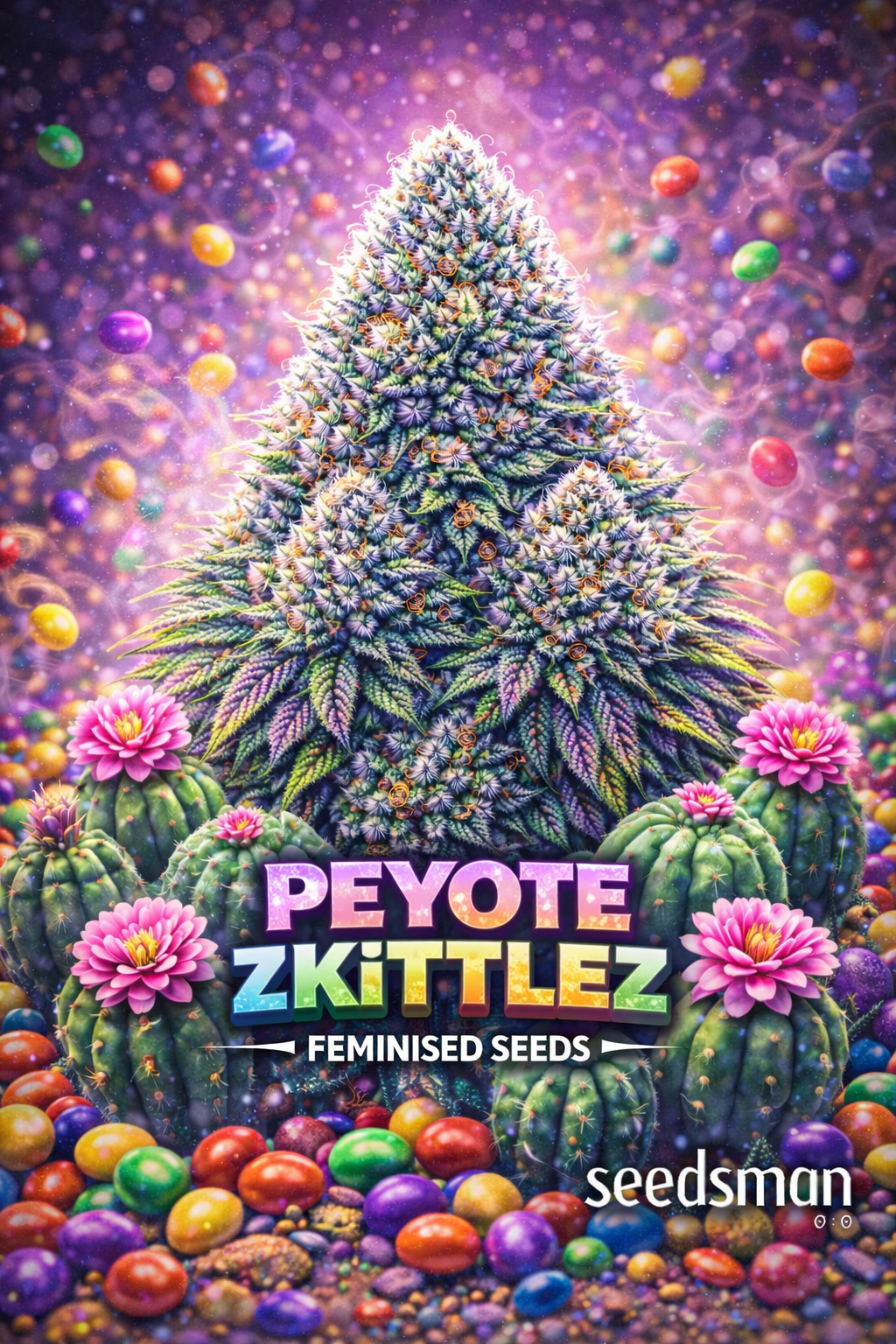 Hyper-realistic promotional image of a large frosty Peyote Zkittlez cannabis bud with vibrant purple, pink, and green tones, surrounded by colourful peyote cacti and spilling rainbow Skittle-style candies. Bold “Peyote Zkittlez Feminised Seeds” text appears at the bottom with the Seedsman logo.