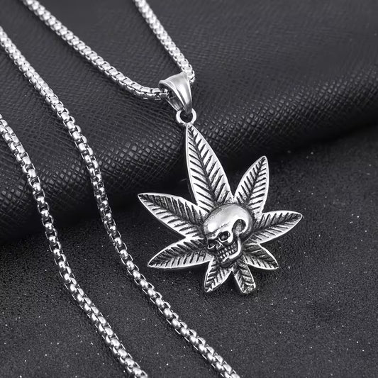 Silver cannabis leaf skull pendant necklace with engraved leaf detailing
