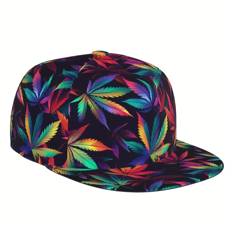 Rainbow cannabis leaf snapback cap with psychedelic weed pattern flat peak hat image 1