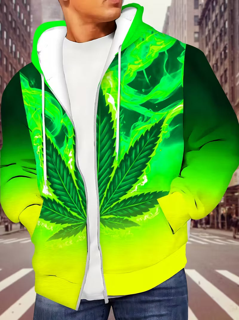 2 Bright green cannabis leaf zip hoodie with bold gradient streetwear design