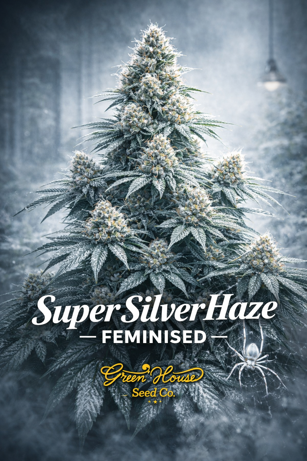 Ultra-high-definition product image of Super Silver Haze Feminised cannabis seeds by Greenhouse Seed Co., featuring a tall, finely branched plant with multiple frosted colas and narrow leaves, photographed straight-on in a cool, misty studio setting with silver-toned haze elements, with the strain name and breeder logo clearly visible.