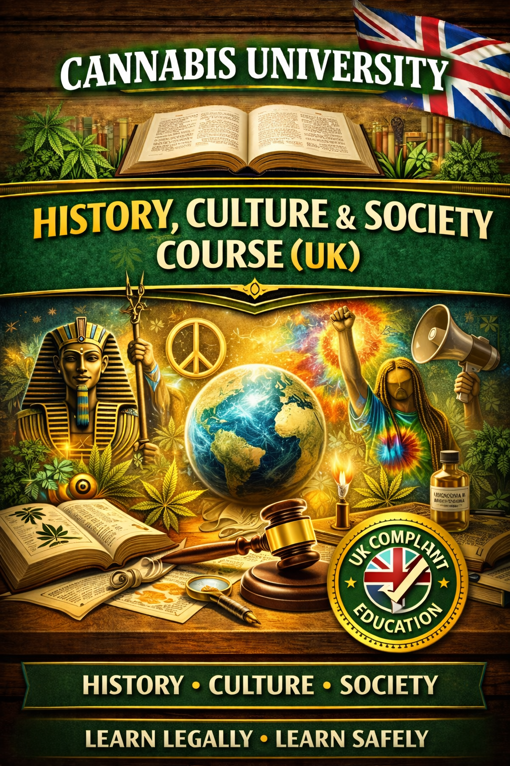 Cannabis University History, Culture & Society Course UK promotional image featuring historical symbolism, cultural movements, academic books, global context and a UK-compliant cannabis education badge.