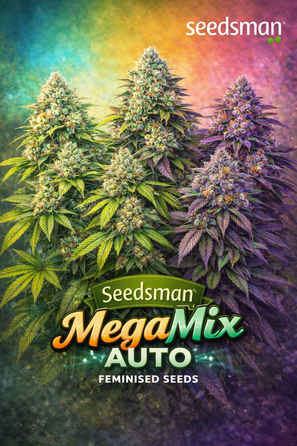 A hyper-realistic promotional artwork for “Seedsman MegaMix Auto Feminised Seeds,” featuring three completely different cannabis plants with varied colours, bud structures, and branching patterns, arranged together against a vibrant multicolour gradient background. The Seedsman logo appears in the top corner, and the bold MegaMix Auto strain name is displayed prominently at the bottom.