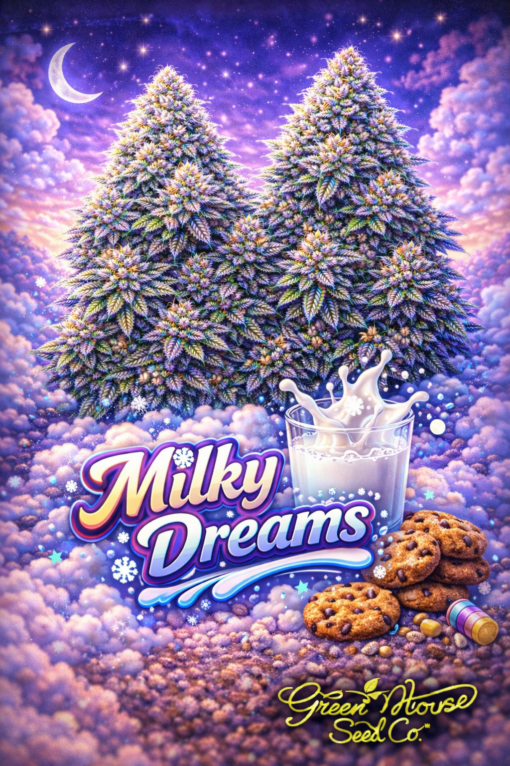 Hyper-realistic promotional artwork for Milky Dreams Feminised Seeds by Greenhouse Seed Co., featuring multiple dense cannabis plants with frosty green and purple buds set against a dreamy pastel sky, with creamy milk-splash elements and colourful sweets in the foreground, bold strain text, and the Greenhouse Seed Co. logo.